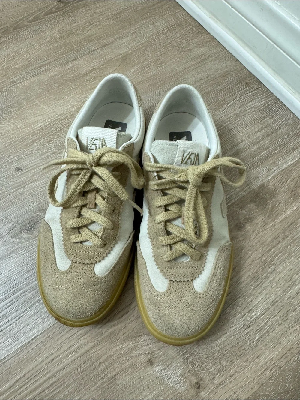 Veja White & Beige Suede Low-Top Sneakers with Gum Sole